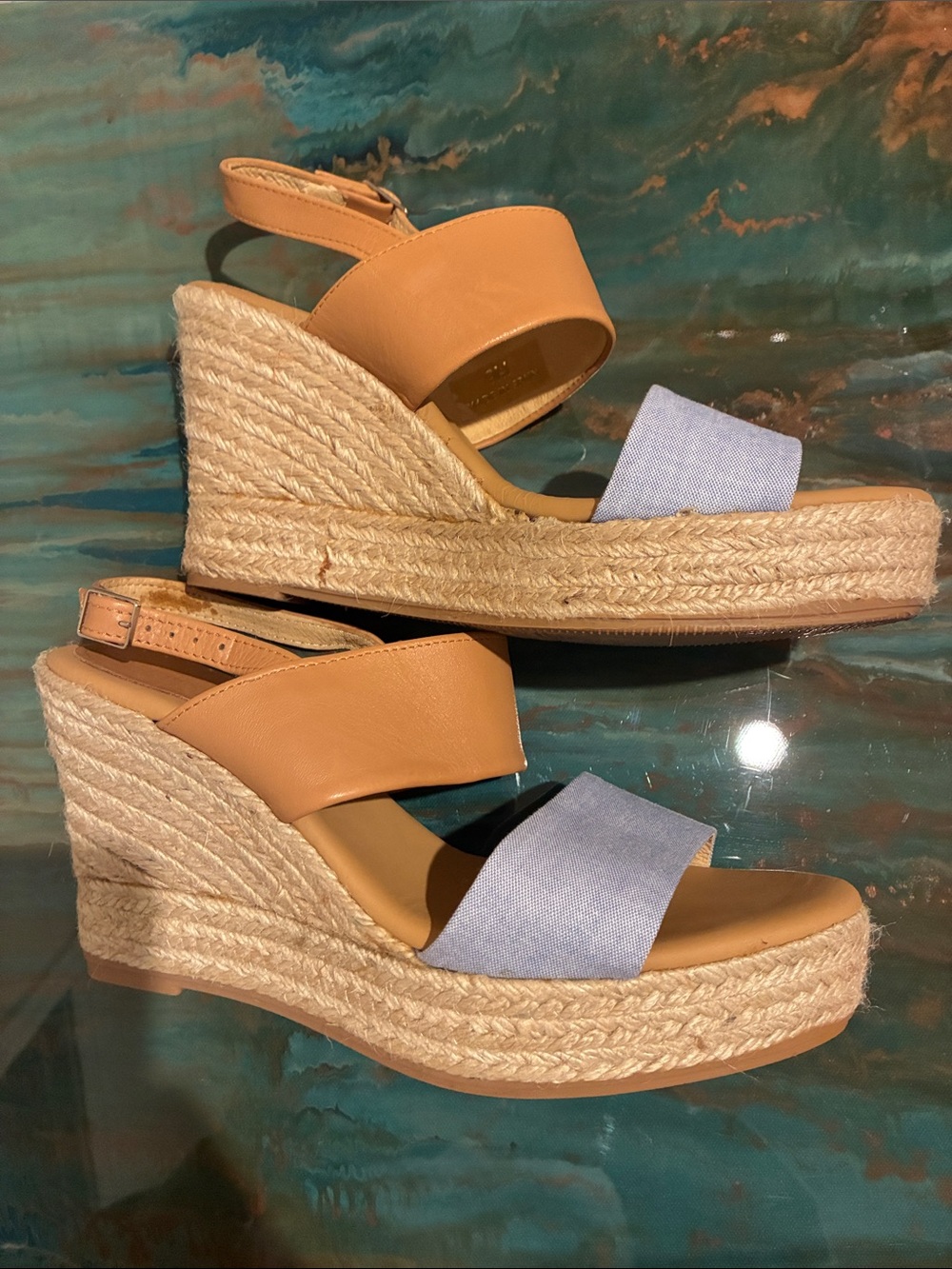 Matt Bernson Tan and Light Blue Espadrille Wedge Sandals